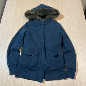 XXI Forever 21 Navy Blue Faux Fur Hooded Utility Jacket Small Zip Up Parka